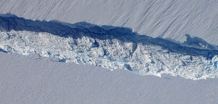 Clear day image of ice with large ice ridge in center