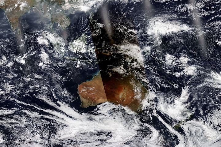 True-color corrected reflectance image of a darkened swath due to the solar eclipse over Australia on 20 April 2023 from the VIIRS instrument aboard the joint NASA/NOAA NOAA-20 satellite