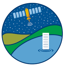 Circular logo with a ruler sticking out of a lake and a stylized satellite flying over the lake.