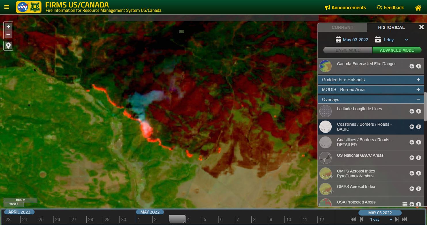 A screenshot from FIRMS US/Canada displaying the Sentinel-2 Adjusted Reflectance Harmonized Landsat Sentinel (HLS) data using bands 12-8a-4. 