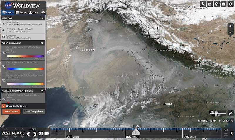 Worldview screenshot of smoke and haze over the Indo-Gangetic Plain on 6 November 2021