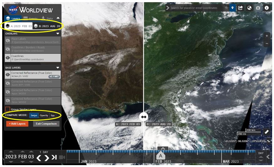 This screen capture from NASA Worldview shows what the application looks like in comparison mode. Yellow circles on the image indicate the dates of the imagery on the "A" and "B" sides of the comparison and the different comparison modes available to users.