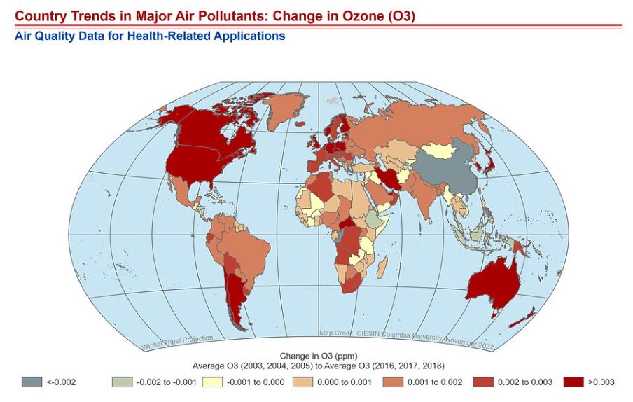 This map from NASA's SEDAC shows changes in ozone concentrations in countries around the globe.
