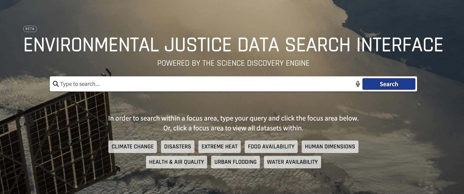 Screenshot of eJ data search interface home page with background of earth image
