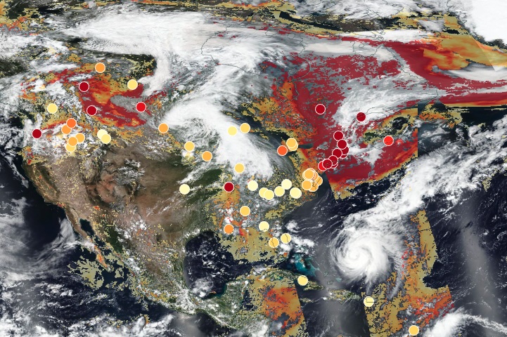 True-color corrected reflectance image overlaid with aerosol optical depth from the VIIRS instrument aboard the joint NASA/NOAA Suomi NPP satellite. Image also has AERONET sites showing aerosol optical depth.