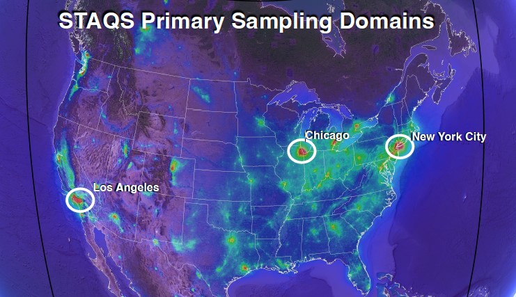 This graphic shows the primary sampling domains of the Synergistic TEMPO (Tropospheric Emissions: Monitoring of Pollution) Air Quality Science (STAQS) mission. These domains are effectively major U.S. cities, including New York, Chicago, and Los Angeles.