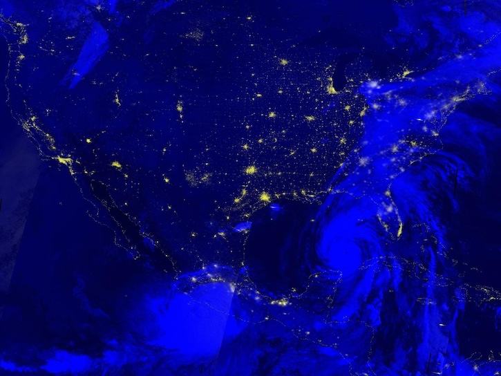 Nighttime image of Hurricanes John and Helene on 26 September 2024 from the VIIRS instrument aboard the joint NASA/NOAA NOAA-20 satellite