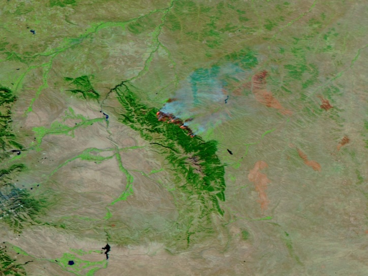 False-color corrected reflectance image of the Elk Fire in Wyoming on 16 October 2024 from the VIIRS instrument aboard the NOAA-20 satellite