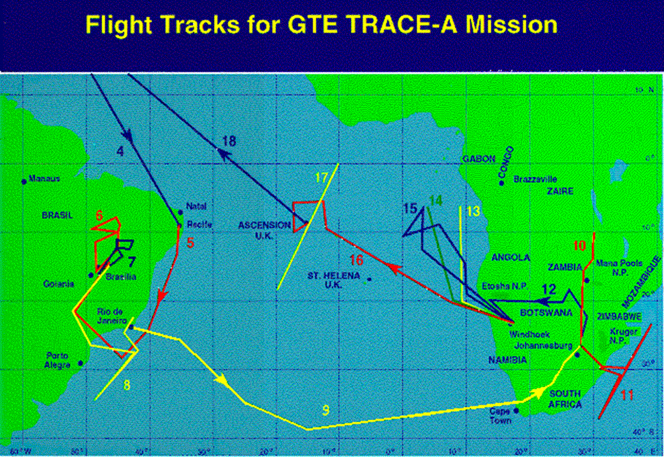 This map from the TRACE-Atlantic suborbital campaign shows the flight paths between Africa and South America flown by the aircraft used in the campaign. 