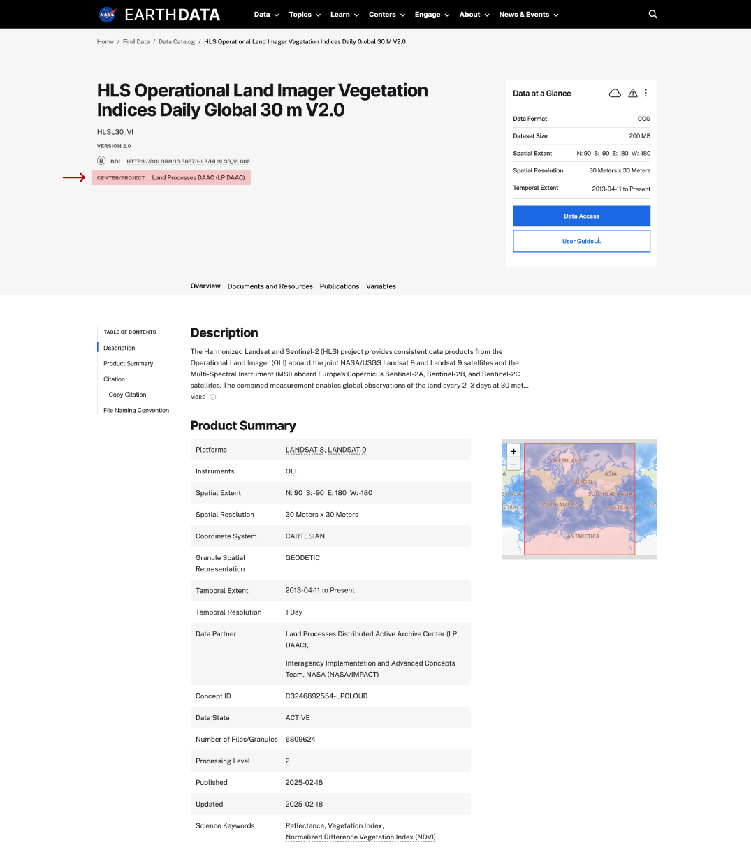 center/project on dataset page