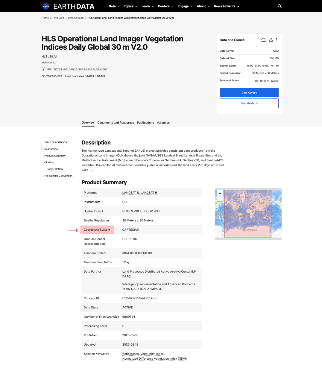 coordinate system on dataset page