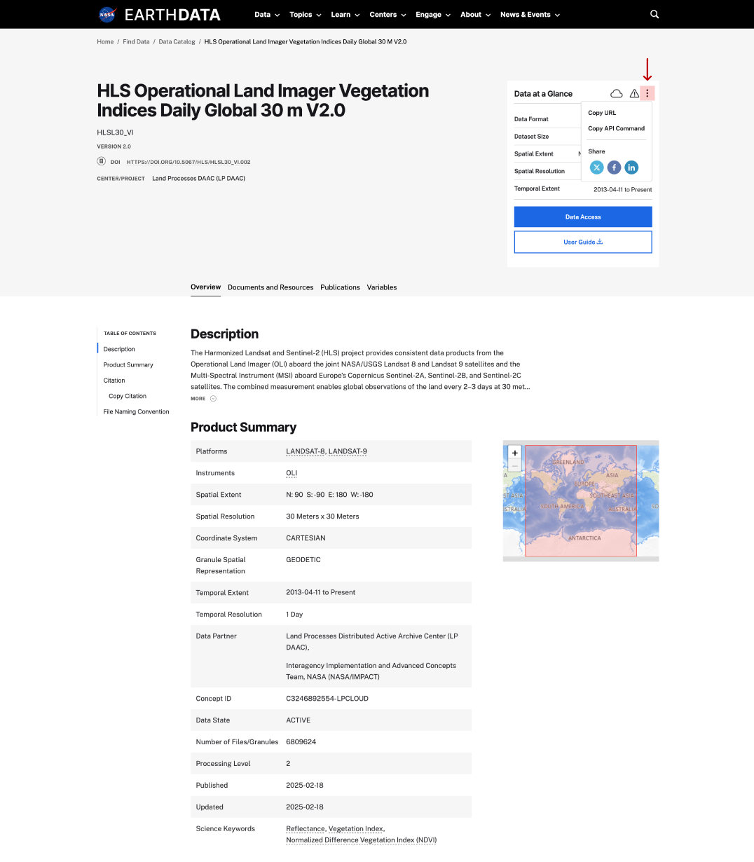 copy URL/API on dataset page