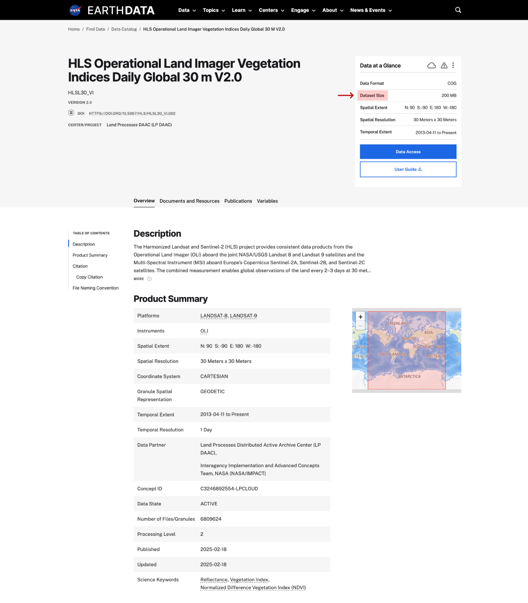 dataset size on dataset page