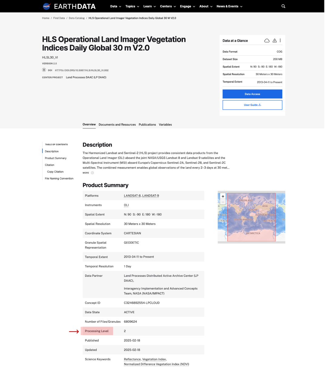 data processing level on dataset ppage