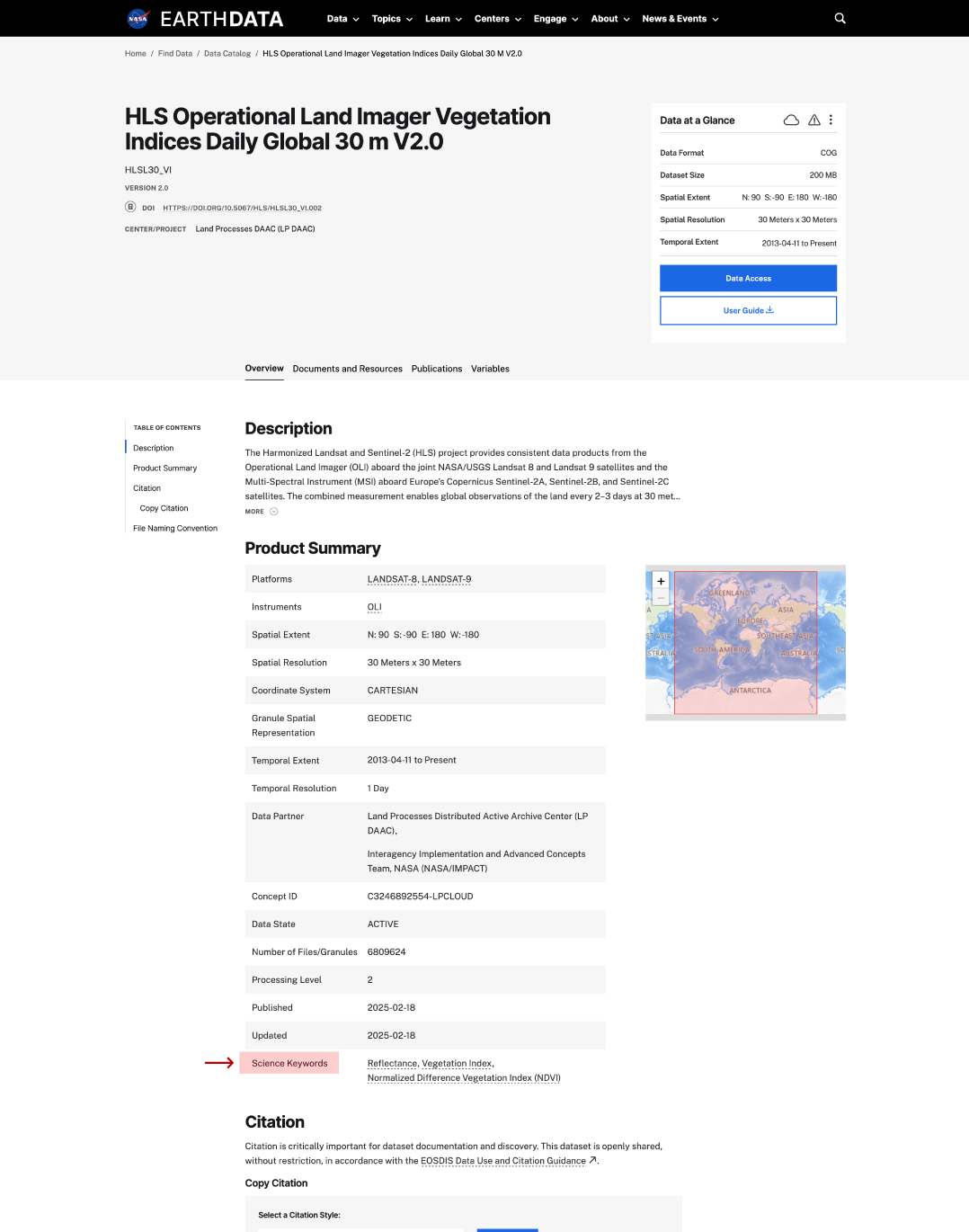 science keywords on dataset page