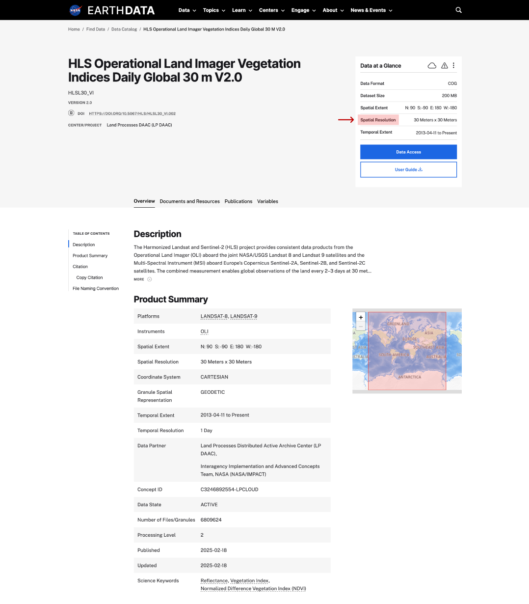 spatial resolution on dataset page