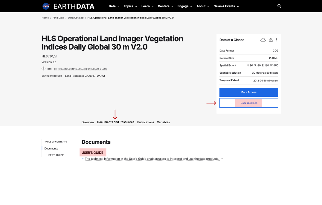 user guide on dataset page
