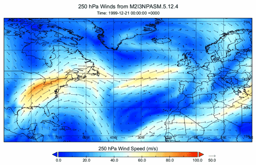 The animation, drawn from the MERRA-2 model, shows wind speeds and directions over the Atlantic Ocean from December 21-31, 1999.
