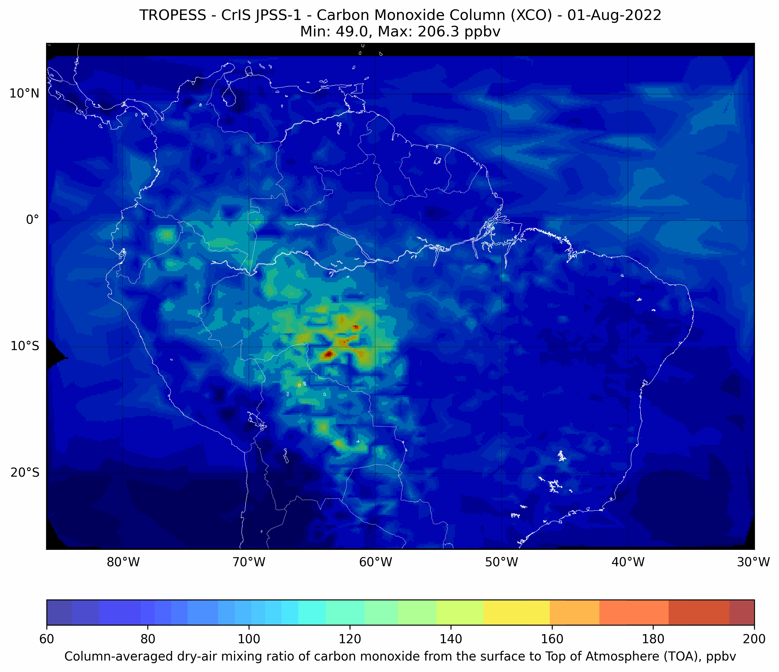 This is an animation from TROPESS showing a timelapse of wildfires in Brazil.