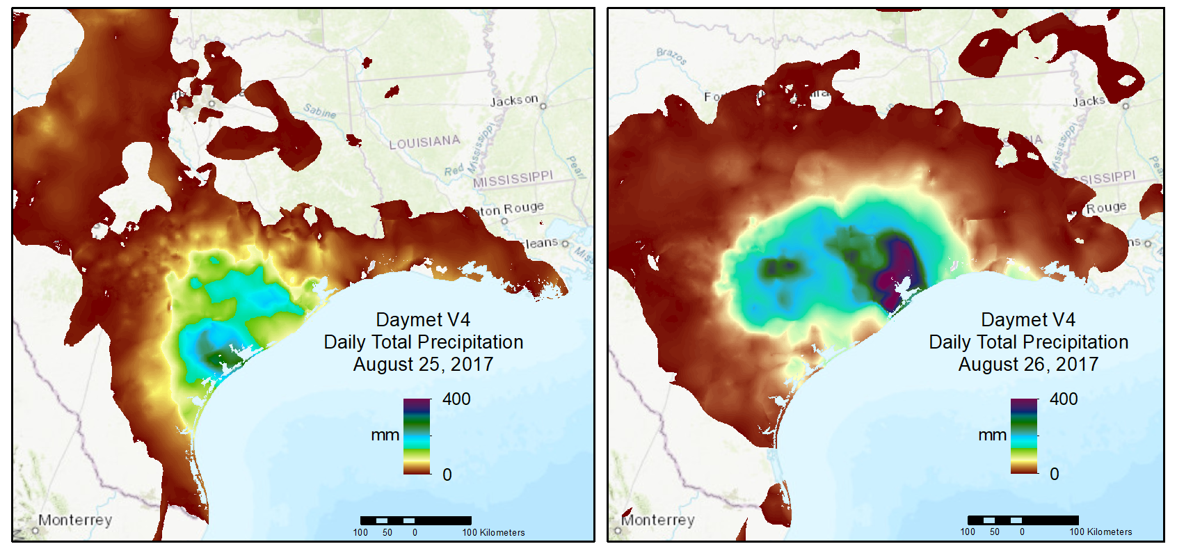 This graphic shows Daymet data pertaining to daily precipitation amounts in southeast Texas during Hurricane Harvey in on August 25 and 26, 2017.2017