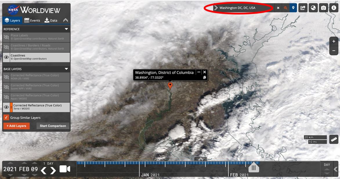 This screen capture from Worldview 3.9.0 shows how to search by location