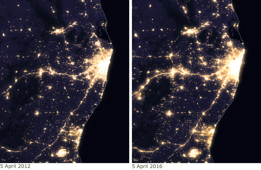 Comparison of nighttime lights in Chennai, India, in 2012 and 2016