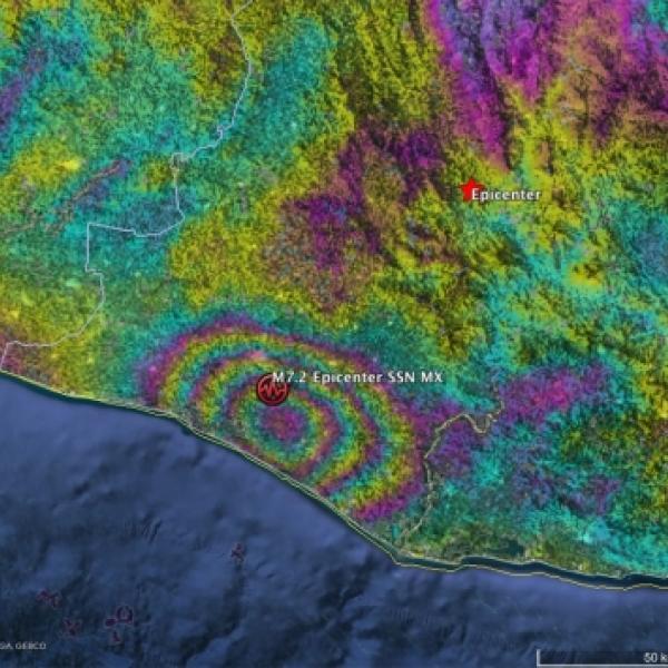 An interferogram of Sentinel-1 data showing the location of an earthquake