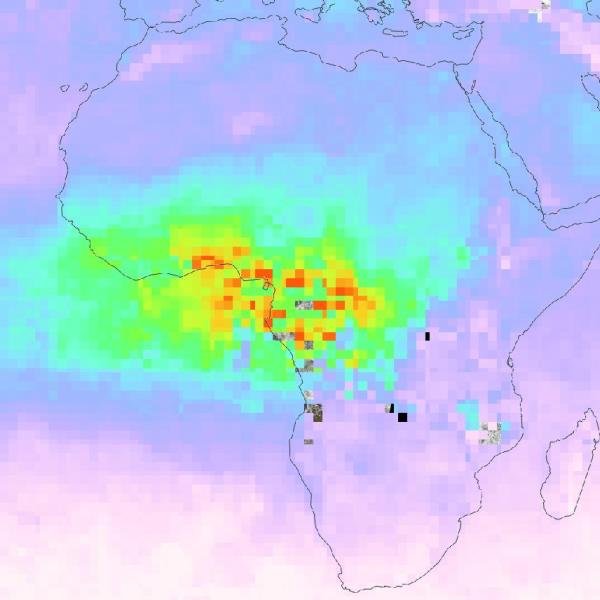Map of Africa with green area across center of continent; red/yellow/orange spots are within the green area indicating higher CO concentrations.