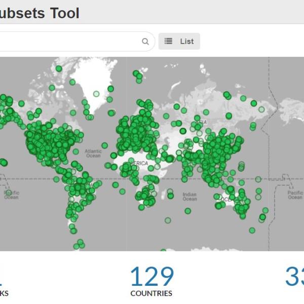 TESViS’s Fixed Sites Subsets Tool provides customized subsets and visualizations of several MODIS/VIIRS land products and Daymet daily surface weather data for selected field and flux tower sites around the world.  This image shows a grayscale map of the world. On it are more than 3,000 green dots, which represent the location of fluxnet tower sites. 