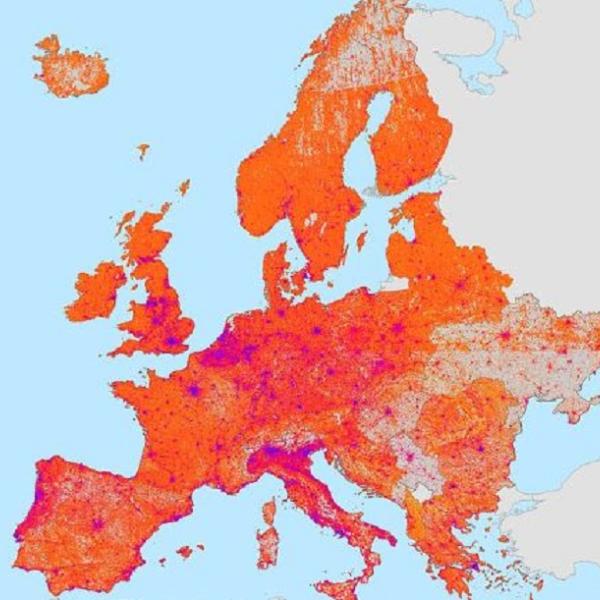 This image shows a map of Europe colored in yellow, orange, red, and purple. The colors correspond to areas of relative deprivation. The brighter the color (orange and yellow), the higher the level of relative deprivation.