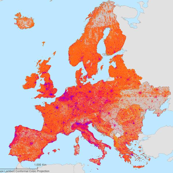 This map shows Europe colored in shades of blue, purple, orange, and red surrounded by light-blue ocean and non-European countries, such as Russia, in gray. Darker blue colors represent lower values of deprivation and brighter red colors indicate higher values. Most of the areas are colored orange and red with sporadic pockets of darker colors in countries such as England and Italy.