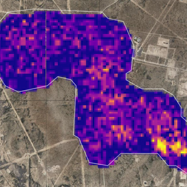 Image of a methane plume overlaid on a topo map; highest methane concentrations are in southeast corner (yellow area); rest of plume is low concentrations (purple)