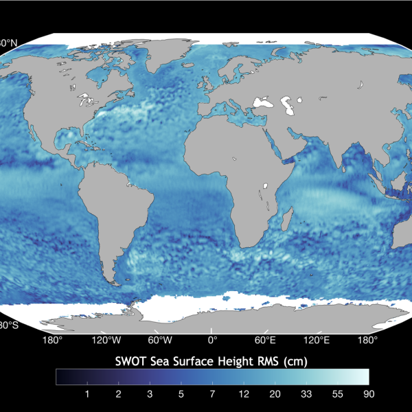 This graphic shows measurements of sea surface height from the KaRIn instrument aboard the SWOT satellite.