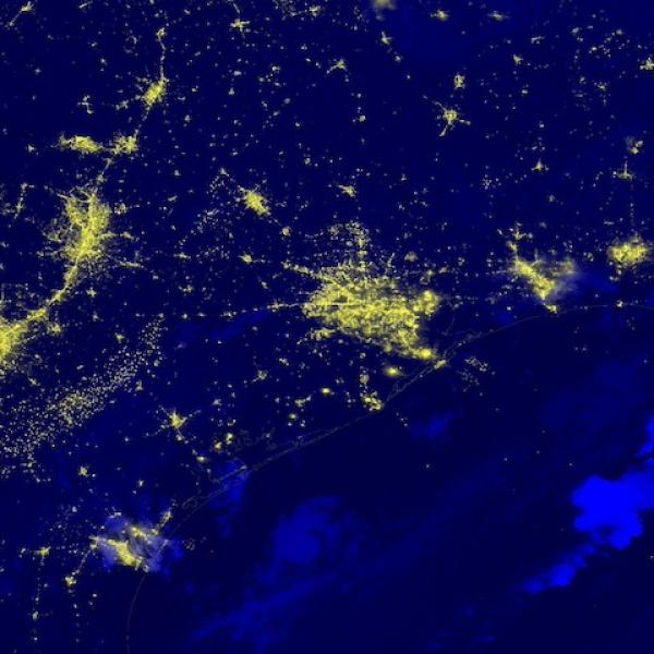 Black Marble Nighttime Blue/Yellow Composite (Day/Night Band) of Houston, Texas on July 9, 2024 showing reduced city lights due to power outages caused by Hurricane Beryl. Image from the VIIRS instrument aboard the joint NASA/NOAA NOAA-20 satellite