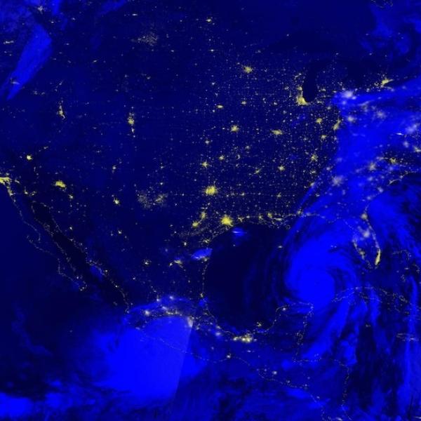 Nighttime image of Hurricanes John and Helene on 26 September 2024 from the VIIRS instrument aboard the joint NASA/NOAA NOAA-20 satellite Nighttime image of Hurricanes John and Helene on 26 September 2024 from the VIIRS instrument aboard the joint NASA/NOAA NOAA-20 satellite