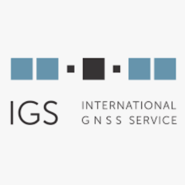 The IGS logo features blue and black squares in a row across the top, evoking the shape of a satellite, with the text below reading IGS International GNSS Service