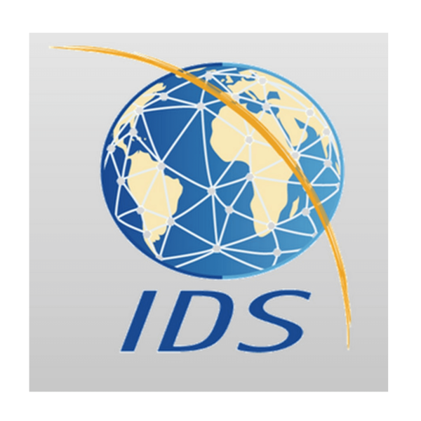 A graphic of Earth with white nodes connecting tan continents is beneath a yellow arc. Below are the letters IDS.