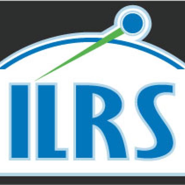 The acronym ILRS in bright blue text appears below a green-and-blue graphic depiction of a laser pointing toward space