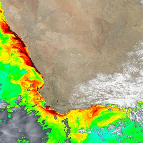 True color corrected reflectance image overlaid with chlorophyll a concentrations of southwestern South Africa from the OCI instrument aboard the PACE platform True color corrected reflectance image overlaid with chlorophyll a concentrations of southwestern South Africa from the OCI instrument aboard the PACE platform