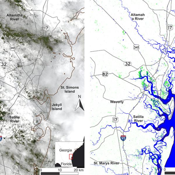 This is a two-part, rectangular image. On the left is imagery from space of Jeckyll Island, GA. The ground is mostly obscured by blankets of clouds. Overlaid across the top of the image are black drawn lines to show roadways and the outline of the land. On the right is a map of the same area. Land is colored white, roadways are black, inundated vegetation areas are green, and water is colored blue. The Atlantic is in the lower-right and its blue shaded water extends into the land.