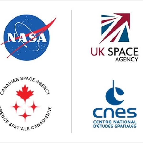 Four logos are arranged in a square: NASA, Centre National D'Etudes Spatiales (CNES), Canadian Space Agency (CSA), and United Kingdom Space Agency.