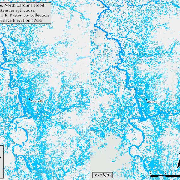 Two side-by-side panels show swirling patterns of light blue and white representing the effect of flooding in Asheville, NC