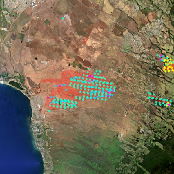 Lahaina, Maui Fire Development Aug. 8-10, 2023 This map combines a color image of Lahaina, Maui with different colored dots to show the development of a fire that burned there Aug. 8-10, 2023.. Each dot marks a spot where a fire was detected. Dots are colored orange, yellow, green, blue or pink corresponding to when the fires were detected.