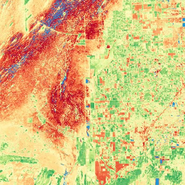 This image combines NDVI data from the Landsat 8 and Sentinel-2 satellites to show the health of vegetation in South Florida. The area on the left is primarily red and represents bare soil. The right side of the image is mostly green and indicates healthy, growing vegetation.