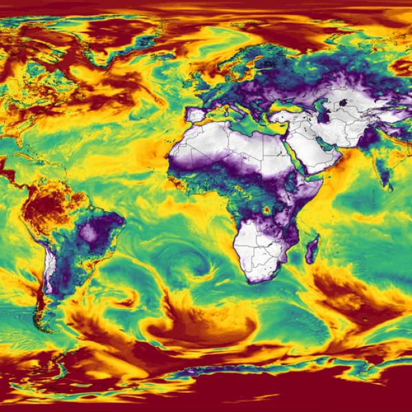 This rectangular image shows the relative humidity of areas across the world. Colors on the map range from white to dark red to show low to high humidity.