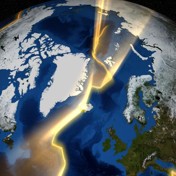 Map of Greenland's Geothermal Heat Flux This image shows a thermal track in Greenland's bedrock that reveals the path of the North American tectonic plate that the country is part of over geologic time. The jagged, meandering path is oriented north to south and illustrated in golden glowing light running across the country and through the ocean.
