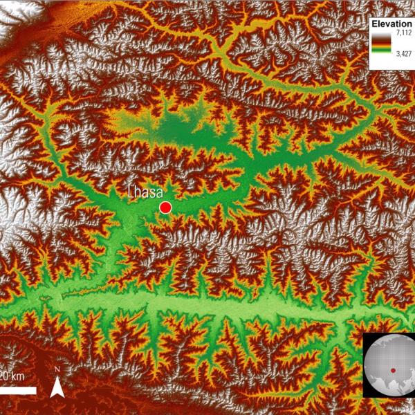 ASTER GDEM data of the area surrounding Lhasa on the Tibetan Plateau with color and hillshade applied. ASTER GDEM data of the area surrounding Lhasa on the Tibetan Plateau with color and hillshade applied.