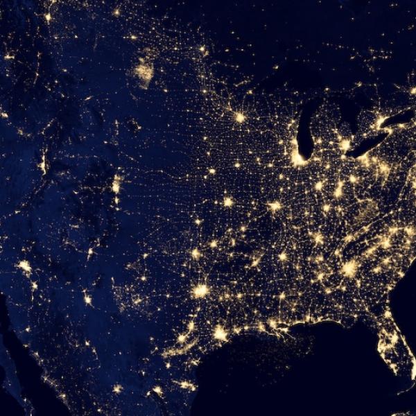 Composite image of the city lights of the United States at night.