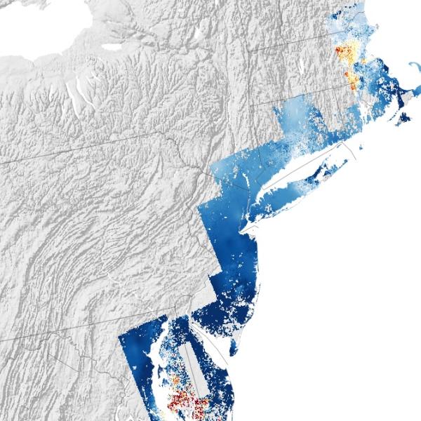 East Coast Elevation A map of the East Coast with elevation data shown in varying shades of blue and orange.