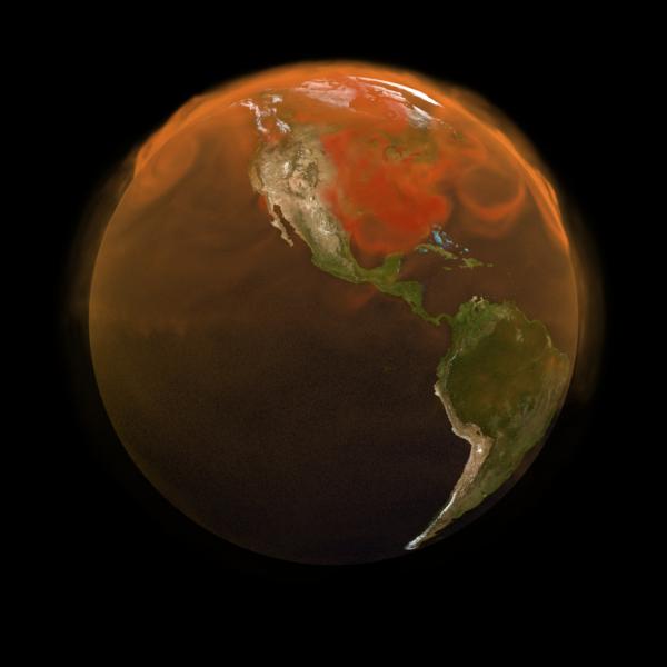 Total Carbon Dioxide Added to Earth's Atmosphere in 2021 This image shows Earth shrouded in a layer of transparent orange-colored gas against a black background.. Occasional thicker plumes of gas a present around the globe.